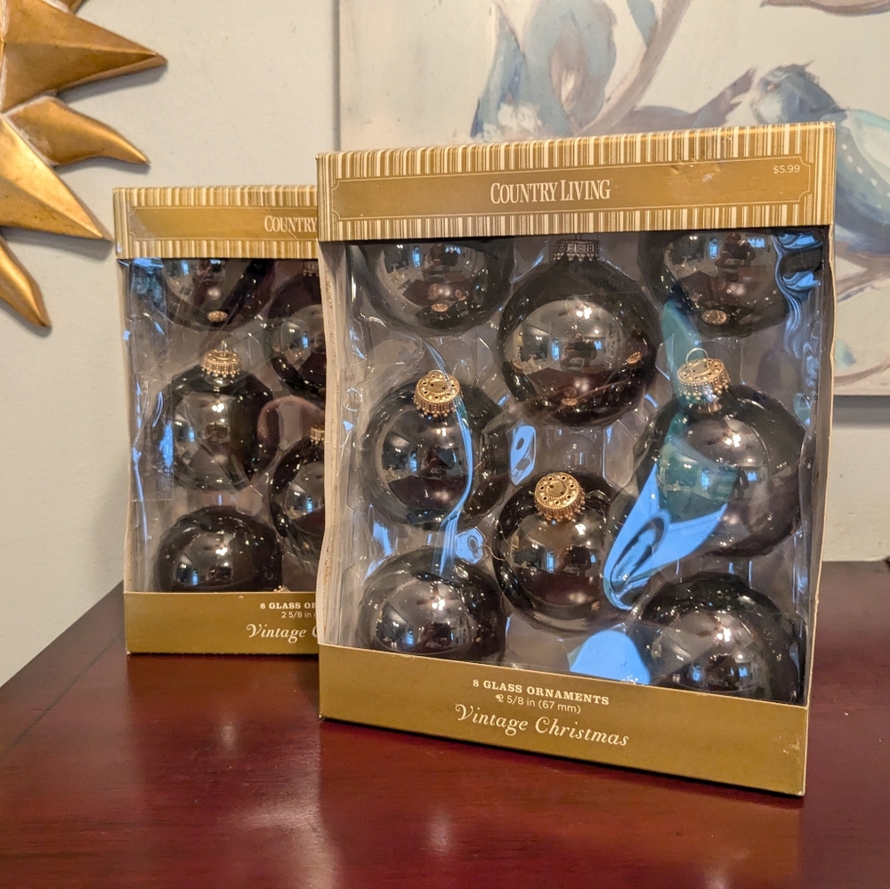 2 VTG 1990 Sets 16 Glass Christmas Ornaments Original Box Dark Forest Green RARE